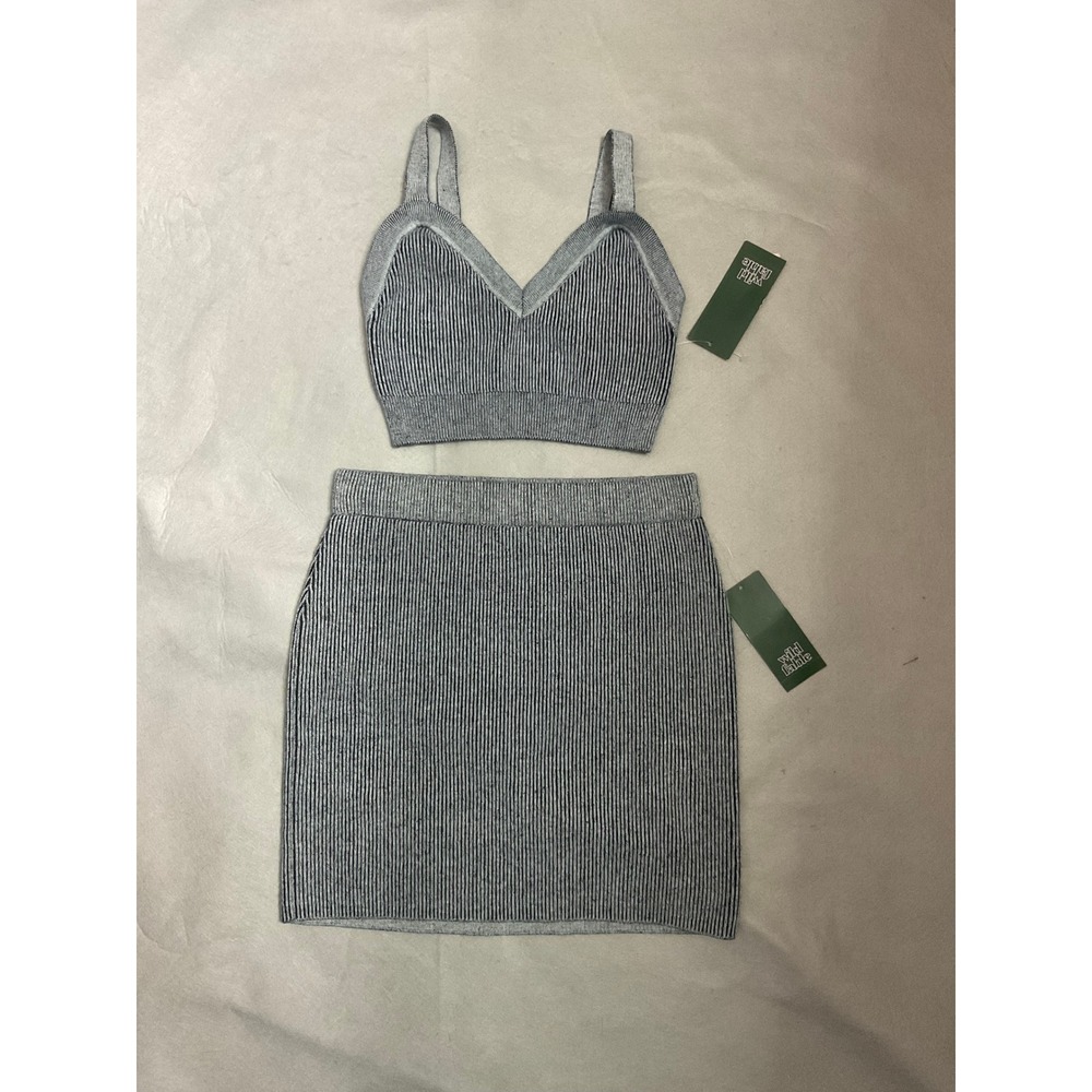 Wild Fable Womens Ribbed Knit 2 Piece Set Grey Black Crop Top Mini Skirt XXS NWT